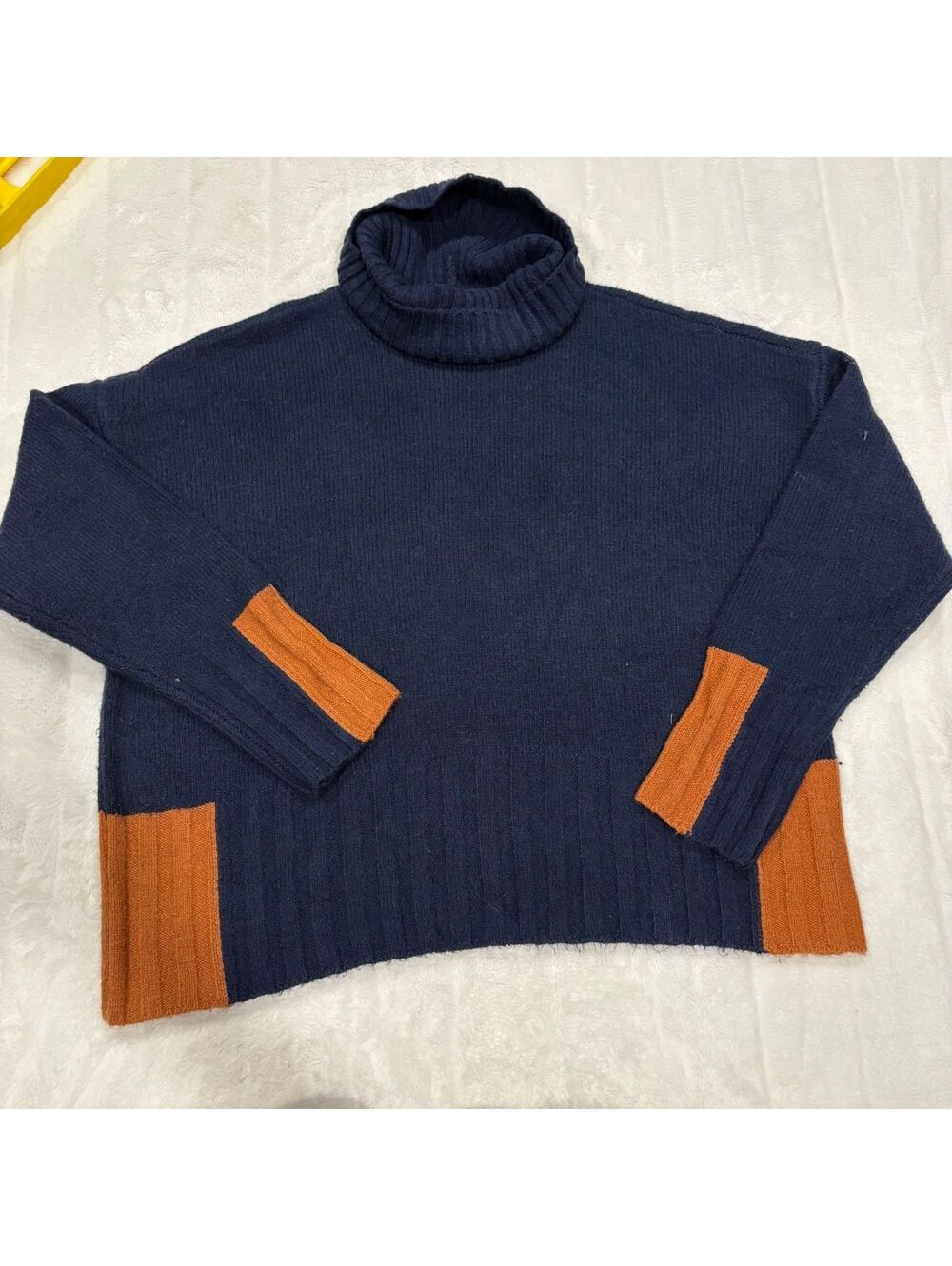 Peace Love World Navy Blue Orange Colorblock Turtleneck Sweater Women L Acrylic